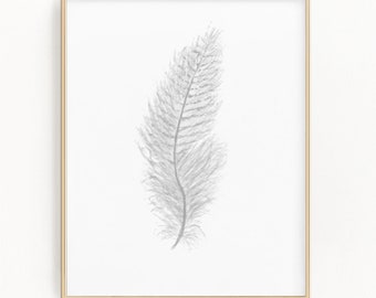 Watercolor Feather Print, Grey Boho Wall Art