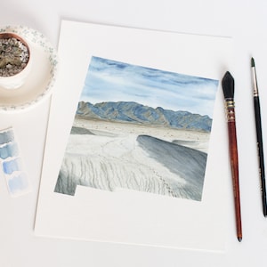 New Mexico Watercolor Print, White Sands National Park, National Park Art, New Mexico State Art, New Mexico Map Poster, Long distance gift