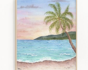Tropical Beach Watercolor Painting, Beach Art, Tropical Getaway Print, Beach Gift, Paradise Vacation Art Souvenir, Beach Seascape