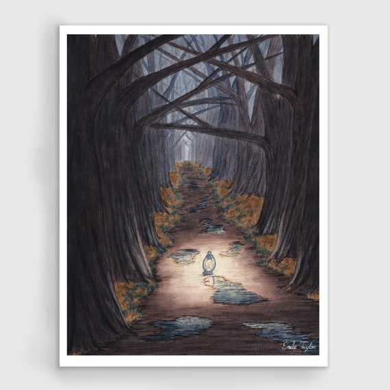 暗い森の絵画、「反抗的」限定版プリント、水彩風景画、暗闇の中の