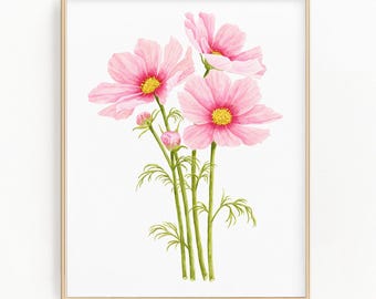 Watercolor Cosmo Painting, Pink Cosmos Flower, Farmhouse Floral Art Decor, October Birth Flower