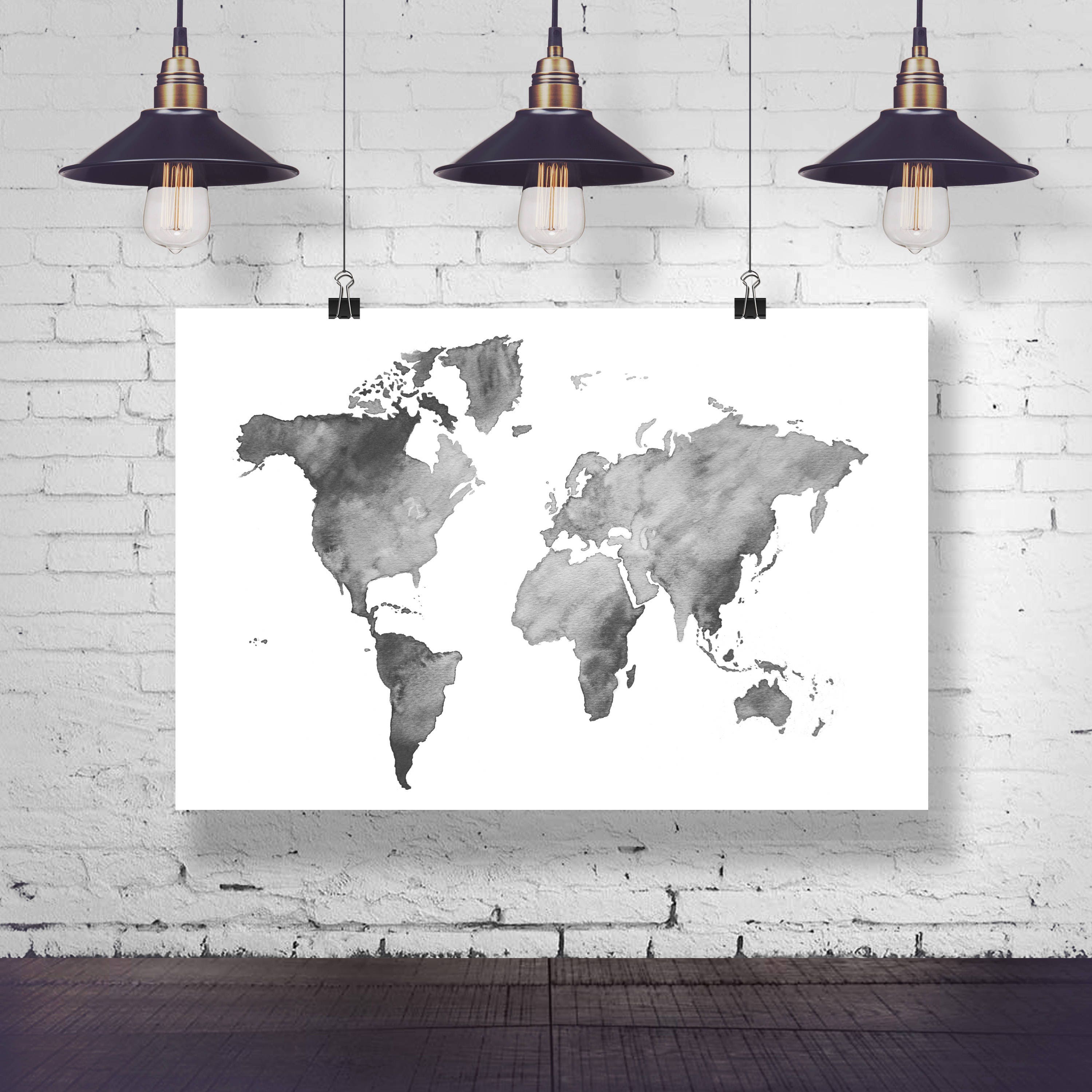 World Map Black and White Watercolor Painting Watercolor Map | Etsy
