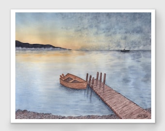 Roeiboot aquarel meer kunstafdruk, aanlegsteiger, kajuitdecoratie