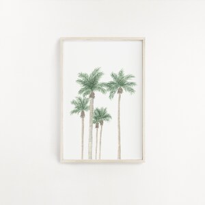 以下が含まれることがあります： 白い背景に5本のヤシの木が描かれた水彩画の額装されたプリント