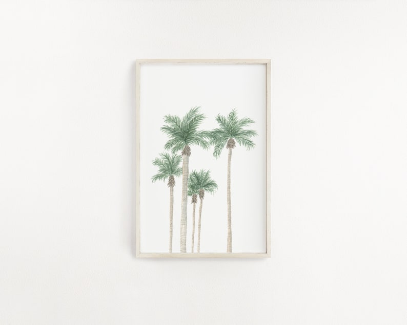 以下が含まれることがあります： 白い背景に5本のヤシの木が描かれた水彩画の額装されたプリント
