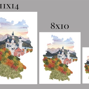 Puede incluir: Una pintura de acuarela del castillo de Neuschwanstein en Alemania, representada como un contorno del pa&iacute;s. El castillo es blanco con acentos rojos y est&aacute; rodeado de exuberantes &aacute;rboles verdes y un lago azul. El cielo es de un azul suave con nubes rosadas y naranjas.