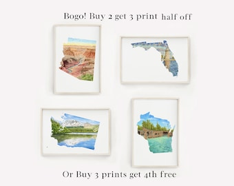 Watercolor State Bundle Packs, US State Paintings, State Collection, Country Art print, Long distance Gift, Travel Souvenir, State Prints