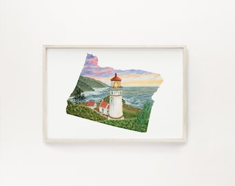 Oregon Painting, Heceta Head Lighthouse Oregon, Oregon Watercolor art, Oregon State Art, Oregon Lighthouses, Oregon Gift, Oregon Art Print,