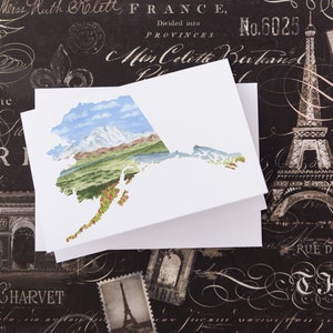 Carte de voeux de l'Alaska, Carte du pays d'origine aquarelle, Cadeau pour l'État, Carte unique, Carte vierge, Souvenir de l'Alaska, Cadeau de l'Alaska, Carte de voyage de collection