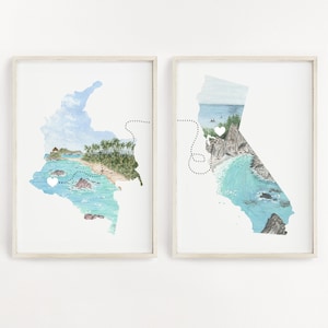 May include: Two framed prints of watercolor maps of Colombia and California. Each map features a dotted line connecting two locations on the map with a heart symbol at the end of the line.