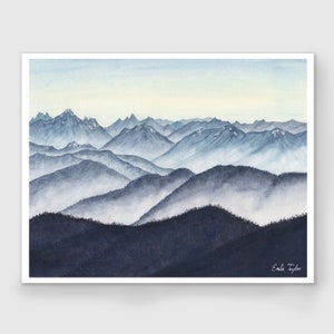 Blue Mountain painting, Monochromatic Cascades Limited Edition Painting Watercolor Mountain painting, Mountain Silhouette, Misty Mountains