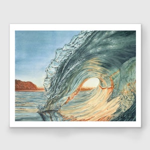 May include: A watercolor painting of a large, turquoise wave breaking over a sandy beach. The wave is hollowed out, creating a tunnel-like opening that reveals the sky and a distant shoreline. The light shines through the wave, creating a warm, golden glow.