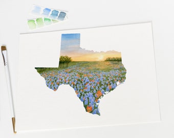 Texas Watercolor Print, Texas Blue Bonnets, State Art, Texas Painting, Texas Shape Painting, Texas Gift