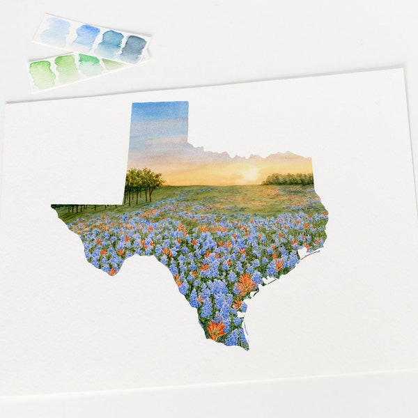 Texas Watercolor Print, Texas Blue Bonnets, State Art, Texas Painting, Texas Shape Painting, Texas Gift
