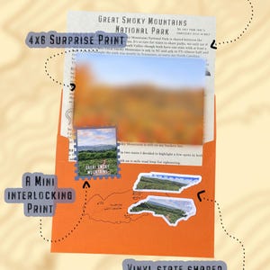May include: An orange envelope containing a 4x6 surprise print, a mini interlocking print, and two vinyl state-shaped stickers. The set includes a letter about Great Smoky Mountains National Park with text and imagery of the park landscape.