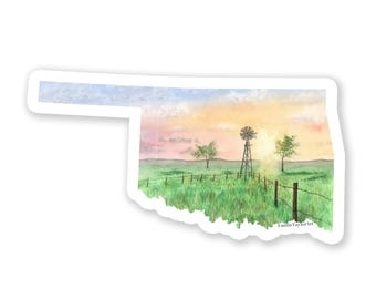 Calcomanía de Oklahoma, calcomanía de acuarela de Oklahoma, calcomanía para auto de Oklahoma, calcomanía estatal, calcomanía estatal, calcomanía para termo, calcomanía impermeable de Oklahoma, granjas de Oklahoma