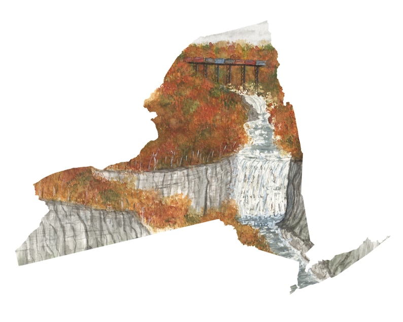 New York Watercolor Print New York Print New York State Art Home State pride NY art Letchworth State Park Print NY Shape Wall Art