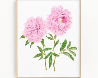 Peonies Print, Watercolor Peony Painting, Peony Art, Pink Peonies, Floral Art, Farmhouse Flowers, Garden floral print