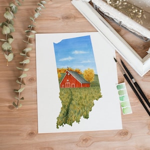 Indiana Watercolor Print, Indiana Barns, Farmlands in Indiana, Indiana Print, Indiana map art, Indiana Map Poster