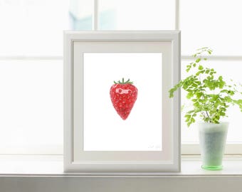 Watercolor Strawberry Print, Realistic Kitchen Art