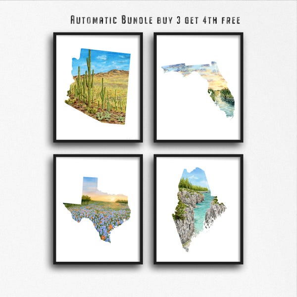 Watercolor State Bundle Packs, US State Paintings, State Collection, Country Art print, Long distance Gift, Travel Souvenir, State Prints