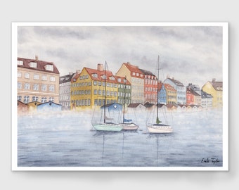 Misty Morning in Copenhagen" Limited Edition Print, Watercolor Copenhagen painting, Copenhagen Art Print, Sailboats in Copenhagen, Misty Art