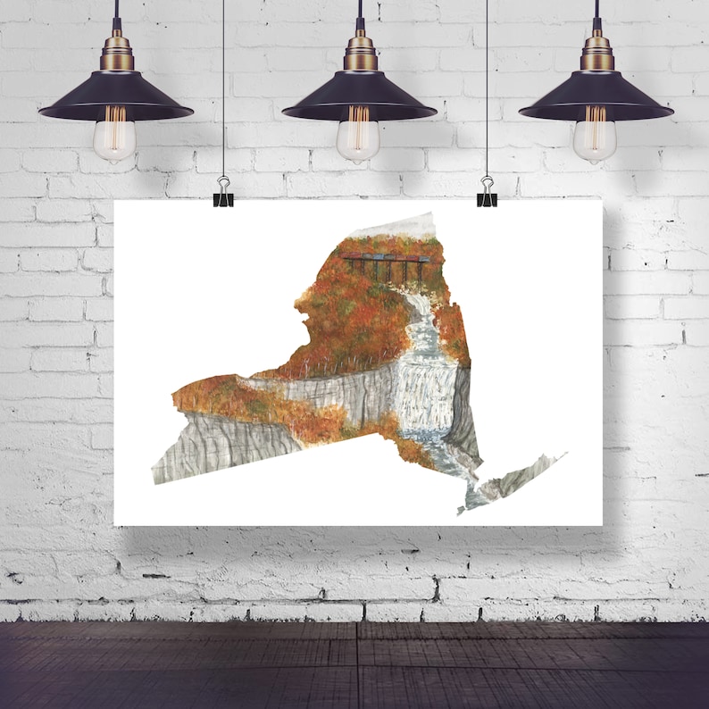 New York Watercolor Print New York Print New York State Art Home State pride NY art Letchworth State Park Print NY Shape Wall Art