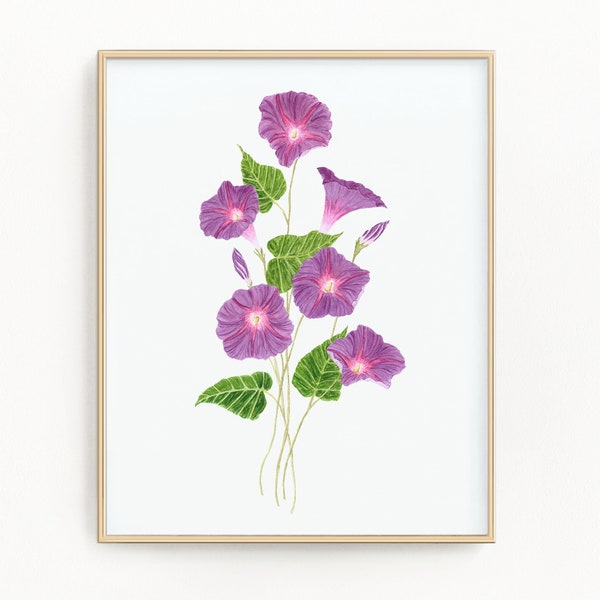 Morning Glories Print, Watercolor Morning Glory Painting, Morning Glory Art, Floral Art, Floral Print, Floral Home Decor, Purple flowers