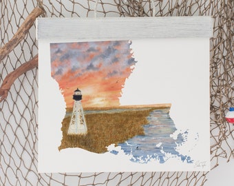 Louisiana Watercolor Print, South Pass Lighthouse Art