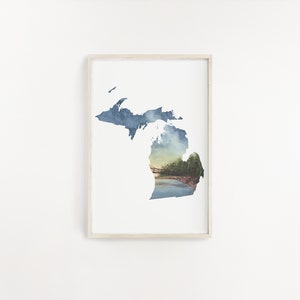 Impression aquarelle du Michigan, art de l'État du Michigan, art de l'État de la maison, signe de livre d'or de mariage unique, carte MI, art de la carte du Michigan, vers le haut du Michigan