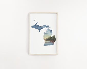 Impression aquarelle du Michigan, art de l&#39;État du Michigan, art de l&#39;État de la maison, signe de livre d&#39;or de mariage unique, carte MI, art de la carte du Michigan, vers le haut du Michigan