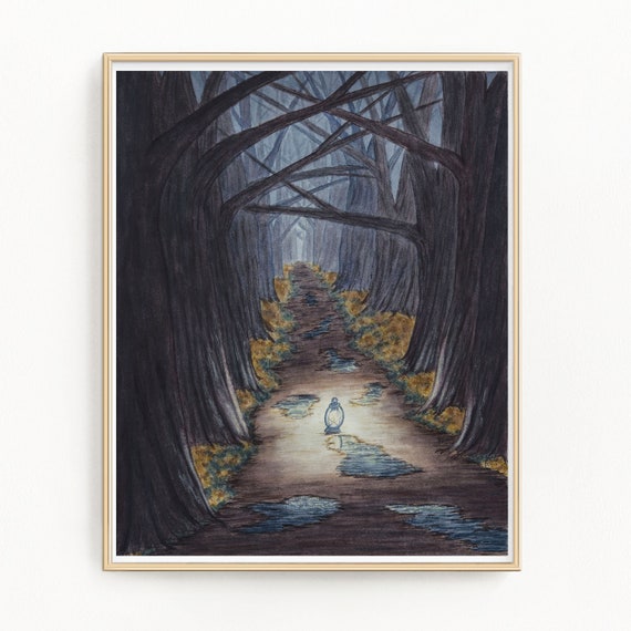 暗い森の絵画、「反抗的」限定版プリント、水彩風景画、暗闇の中の