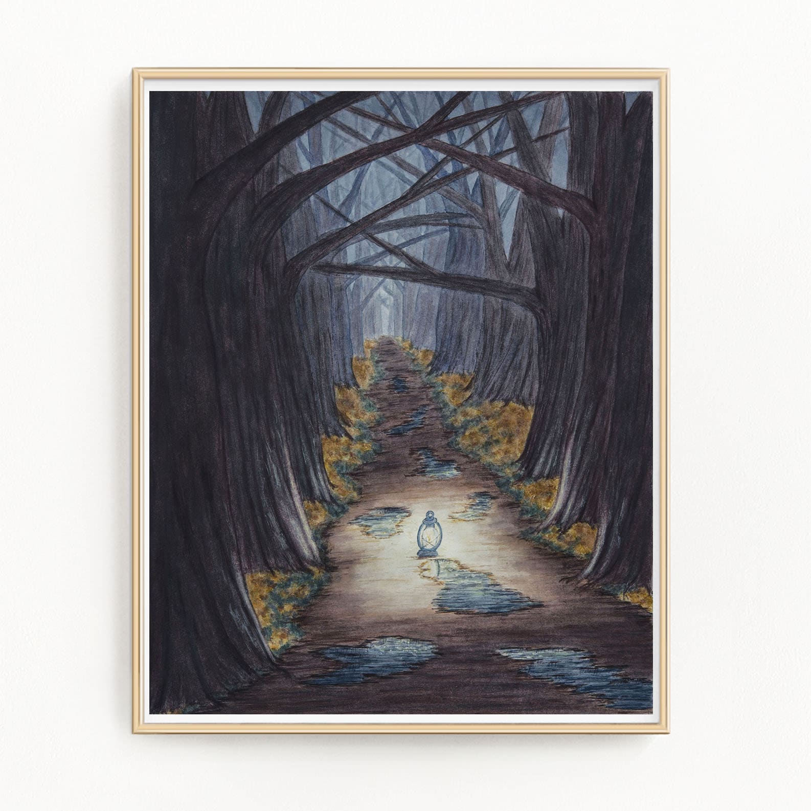 暗い森の絵画、「反抗的」限定版プリント、水彩風景画、暗闇の中の