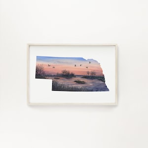 Nebraska Platte River Watercolor Painting, Nebraska State Art, Sandhill Cranes NE,  Nebraska Map Art, Nebraska Gift, Nebraska Souvenir,