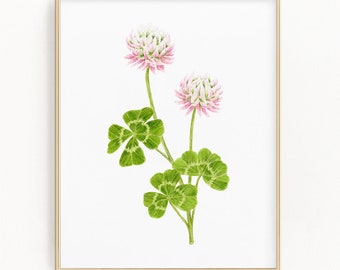 Clover Print, Watercolor Clover Painting, 4 leaf clover, Clover Flowers, Clover Art, Floral Art, Pink Clovers, 3 leaf clovers