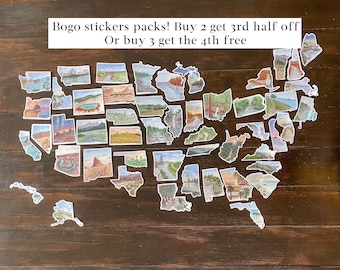 May include: A set of 50 US state stickers featuring watercolor illustrations of different landmarks in each state. The stickers are arranged in the shape of a map of the United States. The text "Bogo stickers packs! Buy 2 get 3rd half off Or buy 3 get the 4th free" is written at the top of the image.