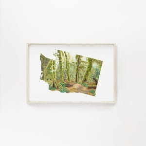 Aquarel print Washington Olympic National Park, kunst staat Washington, Hoh Rainforest, Washington schilderij, Washington kaart print