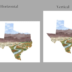 Puede incluir: Una pintura de acuarela del estado de Texas con una escena de paisaje dentro del contorno. El paisaje presenta un r&iacute;o, monta&ntilde;as y un cielo azul con nubes.