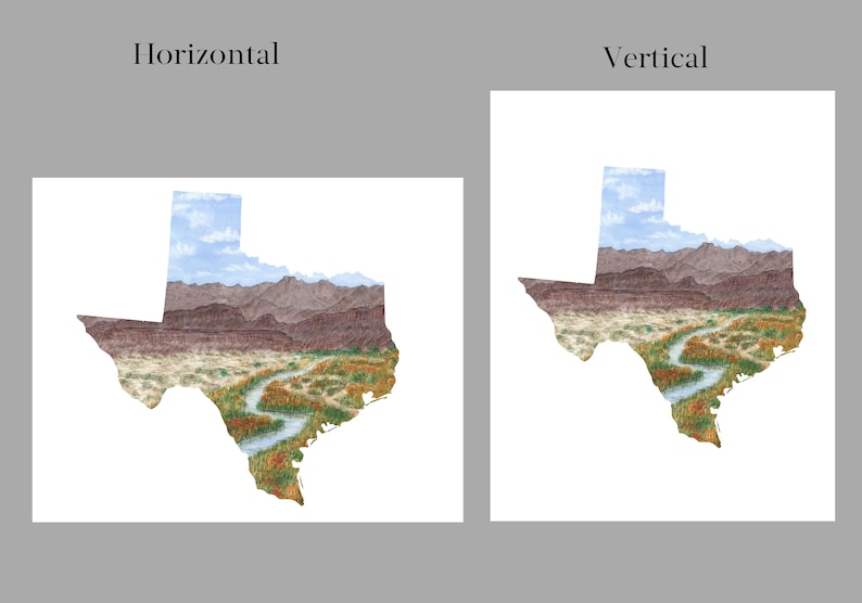 Puede incluir: Una pintura de acuarela del estado de Texas con una escena de paisaje dentro del contorno. El paisaje presenta un r&iacute;o, monta&ntilde;as y un cielo azul con nubes.