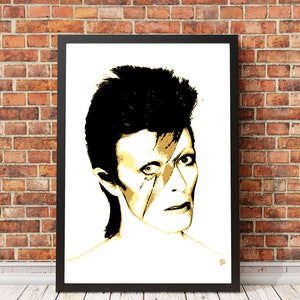 May include: A black and white portrait of David Bowie with a gold lightning bolt across his face. The background is white.