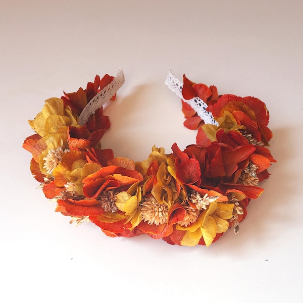 Diadema / tocado de flores preservadas tonos naranja DANIELA - Orange flower crown - boho headpiece