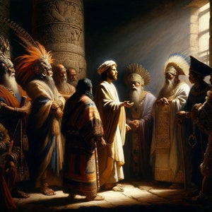 Pode incluir: Um grupo de pessoas com roupas tradicionais está em uma sala fracamente iluminada. Um homem com uma túnica branca está no centro do grupo, com a mão estendida. A sala é iluminada por uma luz brilhante que vem de uma janela no fundo.