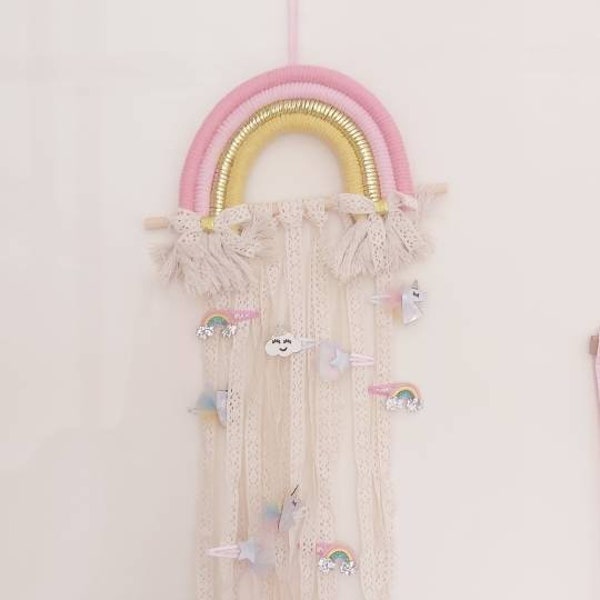 Macrame Rainbow Hair Bow Clip Hanger, Gift for Girl