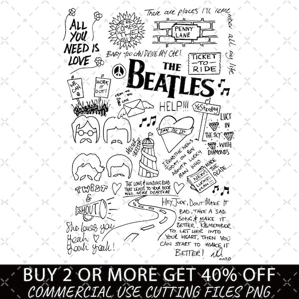 The Beatles Doodle Art Album Lyric PNG for Shirt, PNG Sublimation Download, Digital Instant
