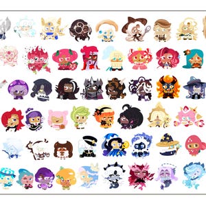 May include: A collection of colorful cartoon cookie characters, each with unique designs and expressions. The cookies vary in color, shape, and style, with some wearing hats or holding objects. The image is a grid of various cookie characters.