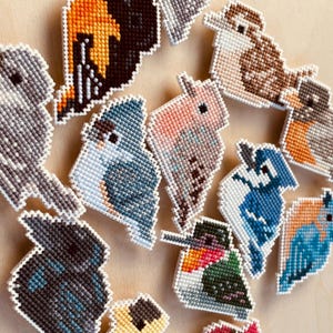 Op de afbeelding: Een verzameling kleurrijke, kruisgestikte vogelornamenten. De vogels hebben verschillende ontwerpen, waaronder een kolibrie, een blauwe gaai en andere soorten, met witte randen. De ornamenten zijn geplaatst tegen een lichtbruine achtergrond.
