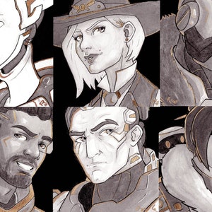 NEW!!! Overwatch Gold Leaf Prints : Ashe, Bob, Sigma, Baptiste, Echo, and Mei