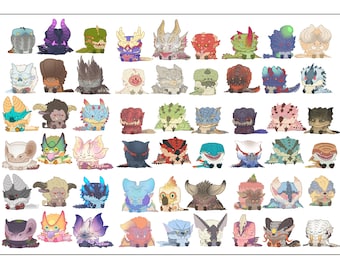 Monster Hunter Tator Tot vinyl stickers: Zinogre, Rajang, Lagiacrus, Paolumu, Pukei Pukei, Mizitsune