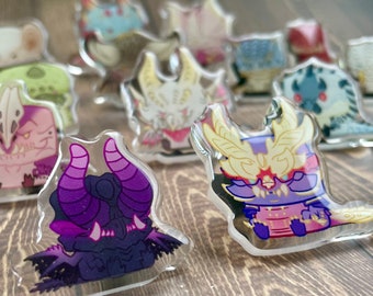 Monster Hunter acrylic pins: Zinogre, Malzeno, Magnamalo, Nergigante, Pukei Pukei, Tobi Kadachi, Gore Magala Ajanath, Lagiacrus, Odogaron