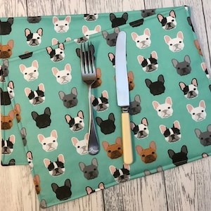 French Bulldog Print Fabric Table Mats in Green Country Cottage Design - Reversible, Rectangular, Home Decor, Place  Mats, Set of 4.